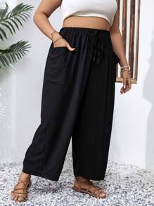 SHEIN Holidaya 大碼雙口袋前打結長褲 - 黑色 - 查看 3