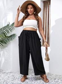 SHEIN Holidaya 大碼雙口袋前打結長褲 - 黑色 - 查看 4