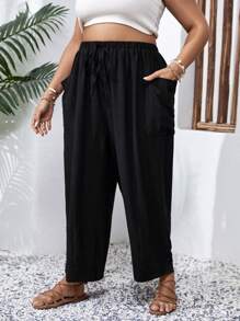 SHEIN Holidaya 大碼雙口袋前打結長褲 - 黑色 - 查看 6