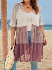 SHEIN VCAY Plus Colourblock Flounce Sleeve Ruffle Hem Chiffon Kimono Without Cami Top - Multicolor - View 1