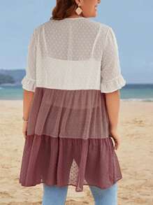 SHEIN VCAY Plus Colourblock Flounce Sleeve Ruffle Hem Chiffon Kimono Without Cami Top - Multicolor - View 2