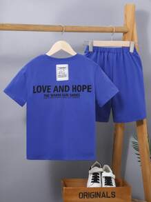 SHEIN Boys Slogan Graphic Tee & Shorts - Blue - View 1