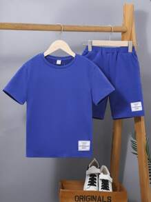 SHEIN Boys Slogan Graphic Tee & Shorts - Blue - View 2