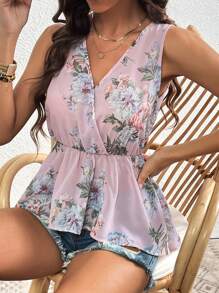 SHEIN Clasi V-Neck Floral Print Sleeveless Blouse With Asymmetrical Hem And Gathered Waist Mother Day - Baby Pink - View 1