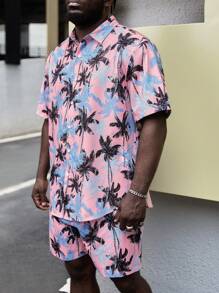 GENTILAND Hombres con estampado de árbol de coco Camisa & Shorts - Multicolor - Ver 5