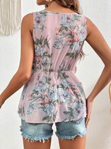 SHEIN Clasi V-Neck Floral Print Sleeveless Blouse With Asymmetrical Hem And Gathered Waist Mother Day - Baby Pink - View 2