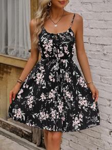 SHEIN VCAY Đầm Thắt nơ trước Hoa Tất cả trên in Boho - màu đen - Xem 1