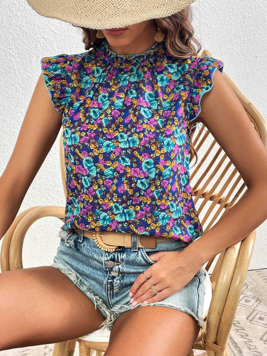 SHEIN Clasi Áo sơ mi nữ Nút viền lá sen Hoa Tất cả trên in Boho - Nhiều màu - Xem 1