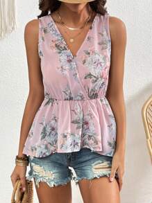 SHEIN Clasi V-Neck Floral Print Sleeveless Blouse With Asymmetrical Hem And Gathered Waist Mother Day - Baby Pink - View 3