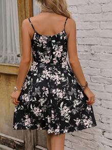 SHEIN VCAY Đầm Thắt nơ trước Hoa Tất cả trên in Boho - màu đen - Xem 2