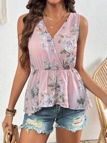SHEIN Clasi V-Neck Floral Print Sleeveless Blouse With Asymmetrical Hem And Gathered Waist Mother Day - Baby Pink - View 4
