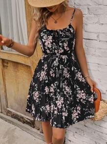 SHEIN VCAY Đầm Thắt nơ trước Hoa Tất cả trên in Boho - màu đen - Xem 3