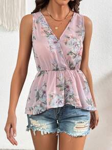 SHEIN Clasi V-Neck Floral Print Sleeveless Blouse With Asymmetrical Hem And Gathered Waist Mother Day - Baby Pink - View 5