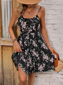 SHEIN VCAY Đầm Thắt nơ trước Hoa Tất cả trên in Boho - màu đen - Xem 4