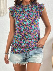 SHEIN Clasi Áo sơ mi nữ Nút viền lá sen Hoa Tất cả trên in Boho - Nhiều màu - Xem 4