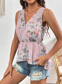 SHEIN Clasi V-Neck Floral Print Sleeveless Blouse With Asymmetrical Hem And Gathered Waist Mother Day - Baby Pink - View 6