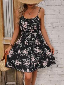 SHEIN VCAY Đầm Thắt nơ trước Hoa Tất cả trên in Boho - màu đen - Xem 5