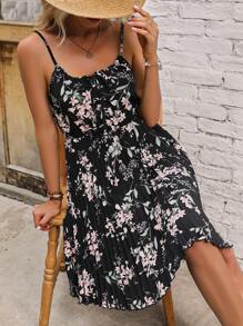 SHEIN VCAY Đầm Thắt nơ trước Hoa Tất cả trên in Boho - màu đen - Xem 6