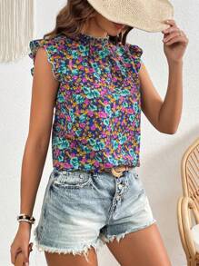 SHEIN Clasi Áo sơ mi nữ Nút viền lá sen Hoa Tất cả trên in Boho - Nhiều màu - Xem 6