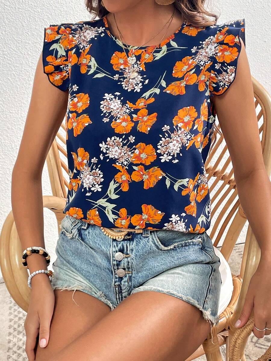 SHEIN LUNE Blusa con estampado floral ribete con fruncido