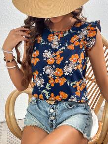 SHEIN LUNE Blusa con estampado floral ribete con fruncido
