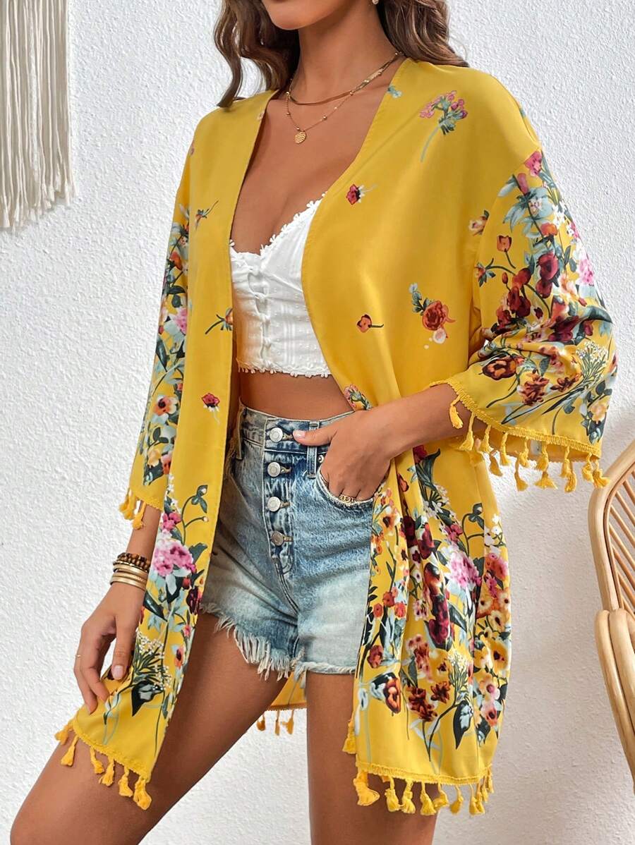 SHEIN VCAY 印花流蘇邊落肩袖和服罩衫 - 芥末黃 - 查看 1