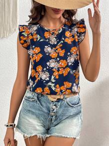 SHEIN LUNE Blusa con estampado floral ribete con fruncido