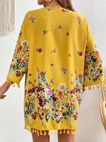 SHEIN VCAY 印花流蘇邊落肩袖和服罩衫 - 芥末黃 - 查看 2