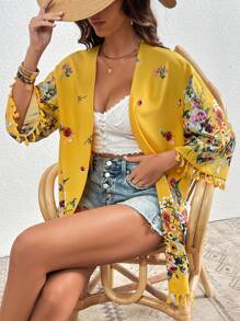 SHEIN VCAY 印花流蘇邊落肩袖和服罩衫 - 芥末黃 - 查看 3