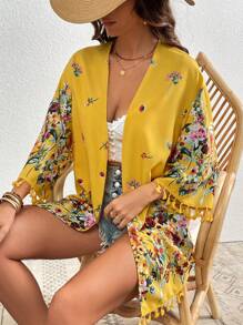 SHEIN VCAY 印花流蘇邊落肩袖和服罩衫 - 芥末黃 - 查看 4