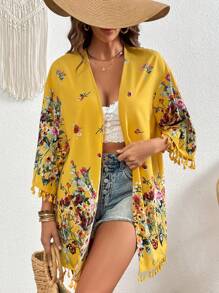 SHEIN VCAY 印花流蘇邊落肩袖和服罩衫 - 芥末黃 - 查看 5