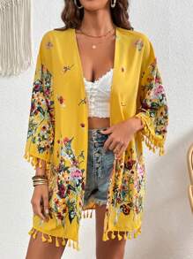 SHEIN VCAY 印花流蘇邊落肩袖和服罩衫 - 芥末黃 - 查看 6