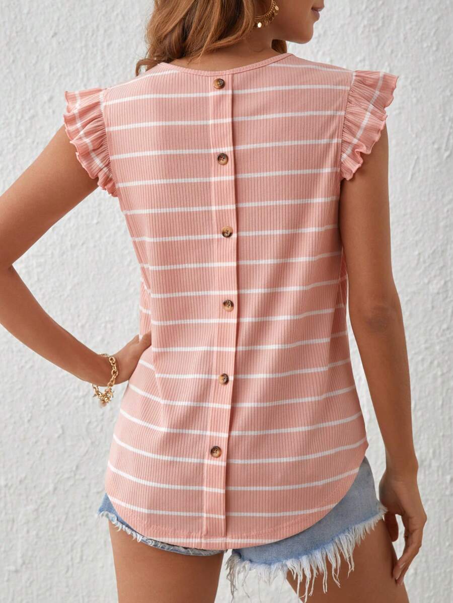 SHEIN LUNE 條紋印花後紐扣荷葉邊T恤 - 珊瑚粉 - 查看 1