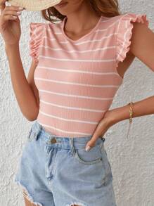 SHEIN LUNE 條紋印花後紐扣荷葉邊T恤 - 珊瑚粉 - 查看 4