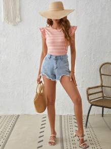 SHEIN LUNE 條紋印花後紐扣荷葉邊T恤 - 珊瑚粉 - 查看 5