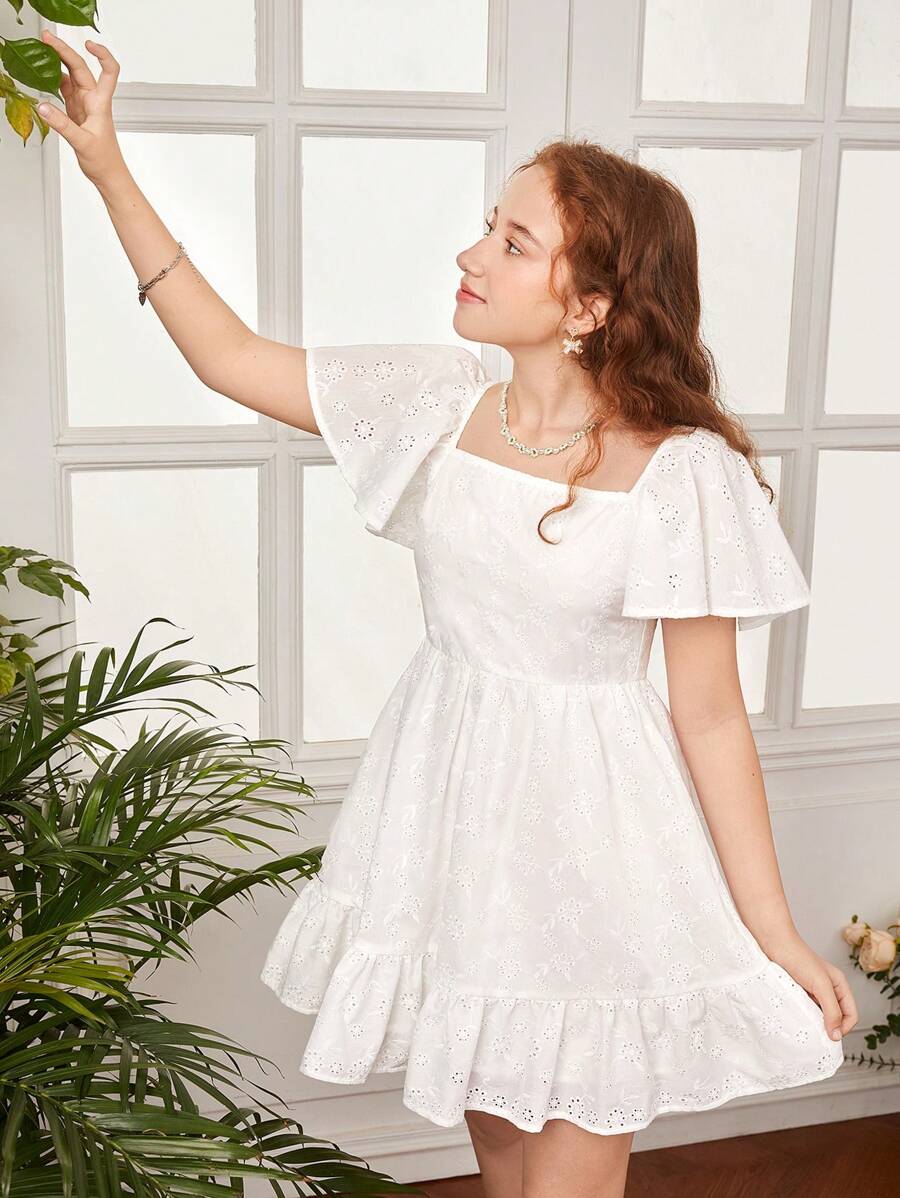 SHEIN Đầm Gái Viên lá sen Dây kéo Tranh thêu màu trơn Dễ thương - trắng - Xem 1