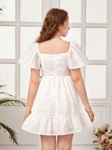 SHEIN Đầm Gái Viên lá sen Dây kéo Tranh thêu màu trơn Dễ thương - trắng - Xem 2