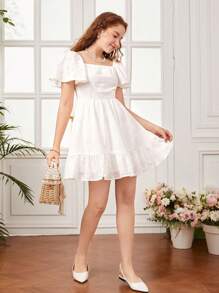 SHEIN Đầm Gái Viên lá sen Dây kéo Tranh thêu màu trơn Dễ thương - trắng - Xem 3