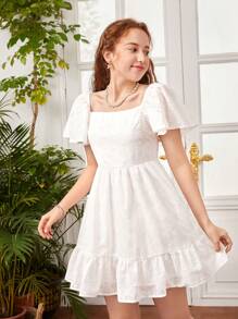 SHEIN Đầm Gái Viên lá sen Dây kéo Tranh thêu màu trơn Dễ thương - trắng - Xem 5