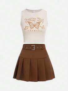 SHEIN Teen Girls Butterfly Print Tank Top & Pleated Skirt - Multicolor - View 1