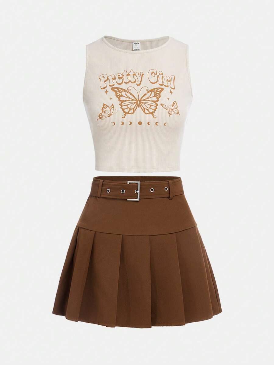 SHEIN Teen Girls Butterfly Print Tank Top & Pleated Skirt - Multicolor - View 1