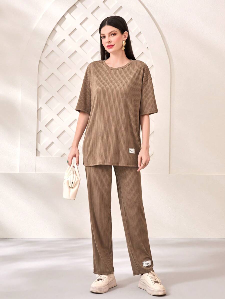 Mulvari Bộ đồ hai mảnh nữ Đắp vá màu trơn Giải trí - màu nâu - Xem 1