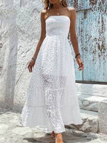 Breezaya Đầm Viên lá sen Dải chun màu trơn Boho - trắng - Xem 4