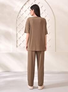 Mulvari Bộ đồ hai mảnh nữ Đắp vá màu trơn Giải trí - màu nâu - Xem 2