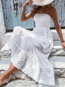 Breezaya Đầm Viên lá sen Dải chun màu trơn Boho - trắng - Xem 5