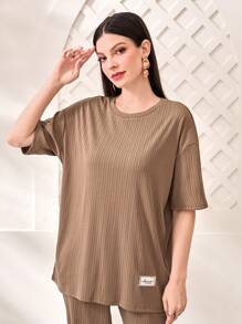 Mulvari Bộ đồ hai mảnh nữ Đắp vá màu trơn Giải trí - màu nâu - Xem 3