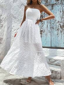 Breezaya Đầm Viên lá sen Dải chun màu trơn Boho - trắng - Xem 6