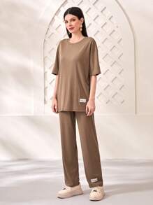 Mulvari Bộ đồ hai mảnh nữ Đắp vá màu trơn Giải trí - màu nâu - Xem 4