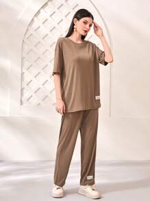 Mulvari Bộ đồ hai mảnh nữ Đắp vá màu trơn Giải trí - màu nâu - Xem 5