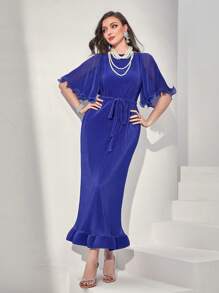 Modelyn Pleated Flounce Sleeve Ruffle Hem Belted Dress